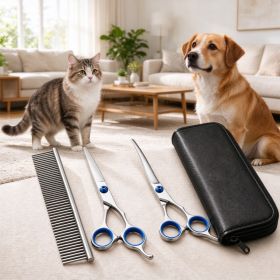 Pet Grooming Scissors Kit, 4 In 1 Professional Stainless Steel Dog Cat Grooming Shears Set, Straight & Curved & Thinning Scissors With Metal Comb (Option: 4pcs)